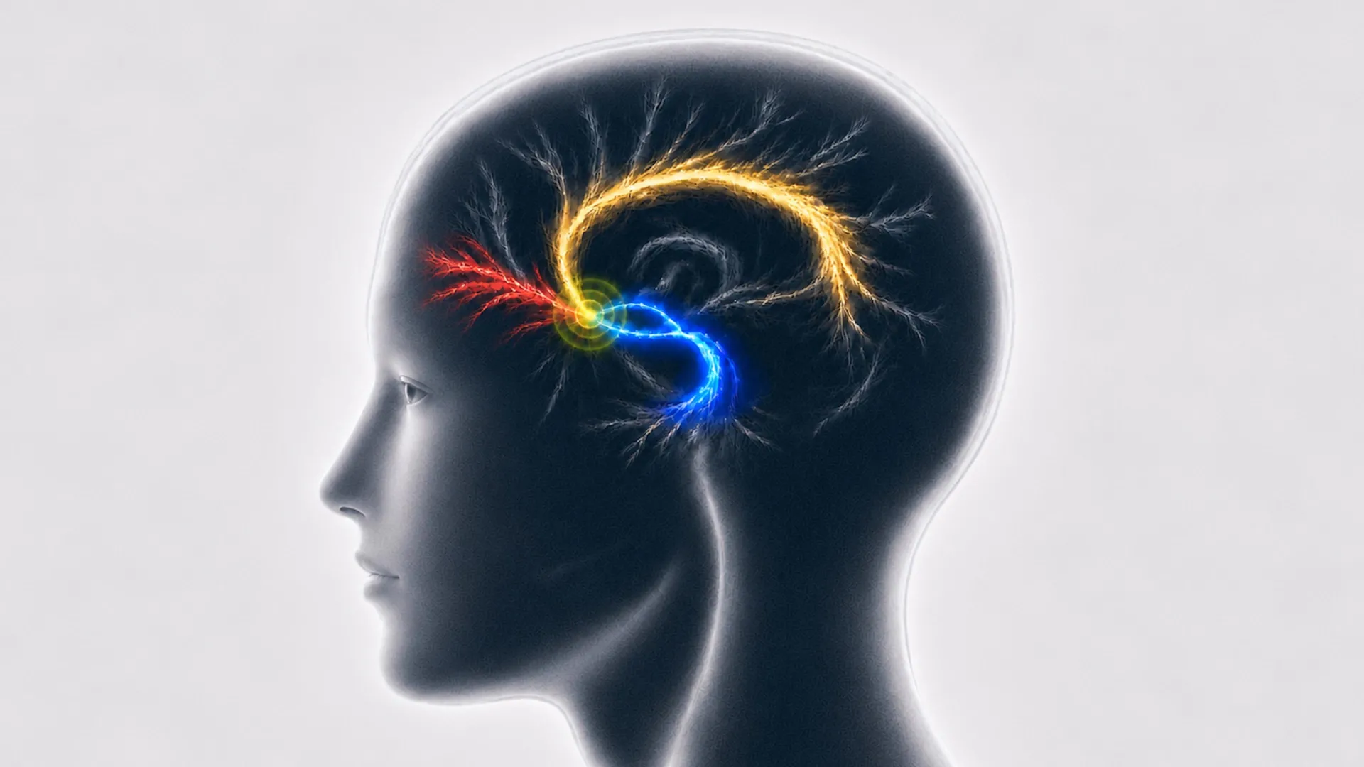 سه دسته ماده سفید که برای موفقیت تحریک عمقی مغز (DBS) ناحیه سینگولات ساب‌کالوزال (SCC) در افسردگی مقاوم به درمان حیاتی هستند: بسته سینگولوم (زرد)، فورسپس مینور (قرمز) و مسیر فاسیکولوس آنسینات مدیال/آمیگدالوفوگال بطنی (آبی). اعتبار تصویر: ها نیول سانگ